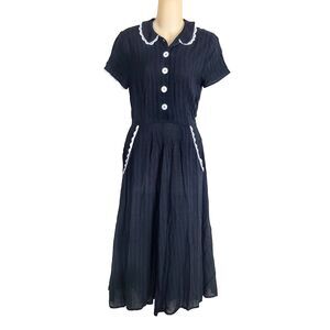 Christy Dawn Sabastian Dress XS Black White Lace Trim Vintage Fabric Fit & Flare